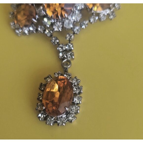 Vintage Amber Rhinestone & Cubic Zirconia Brooch 3" long x 1.75" wide - Picture 3 of 8